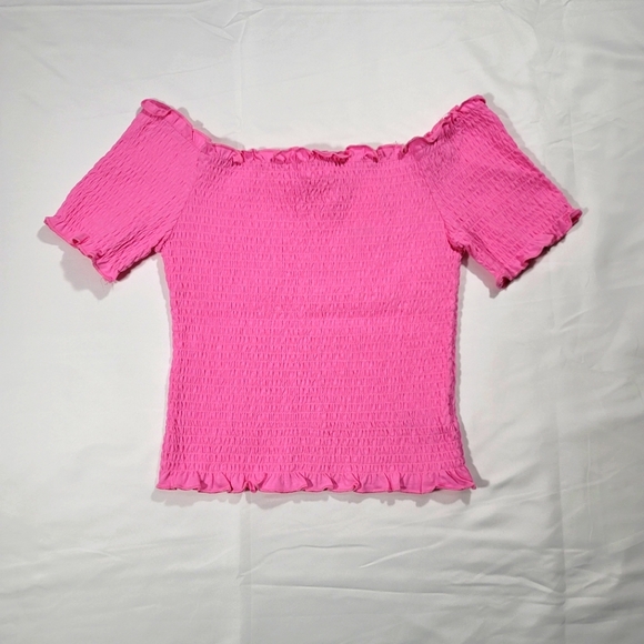 H&M Tops | Smocked Bright Pink Off The Shoulder Top | Poshmark